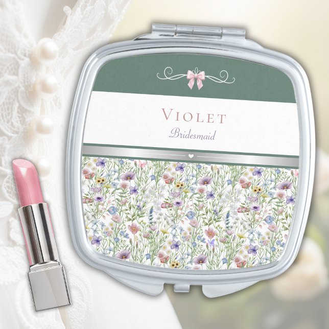 Bridal Party Dark Sage Green Bridesmaid Compact Mirror (Bridesmaid Proposal Compact Mirror, Personalized Dark Sage Green & Wildflower Meadow Floral Design.)
