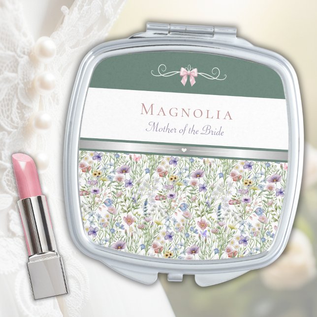 Bridal Party Dark Sage Green Mother of the Bride Compact Mirror (Mother of the Bride Personalized Compact Mirror, Elegant Dark Sage Green & Wildflower Floral Gift.)