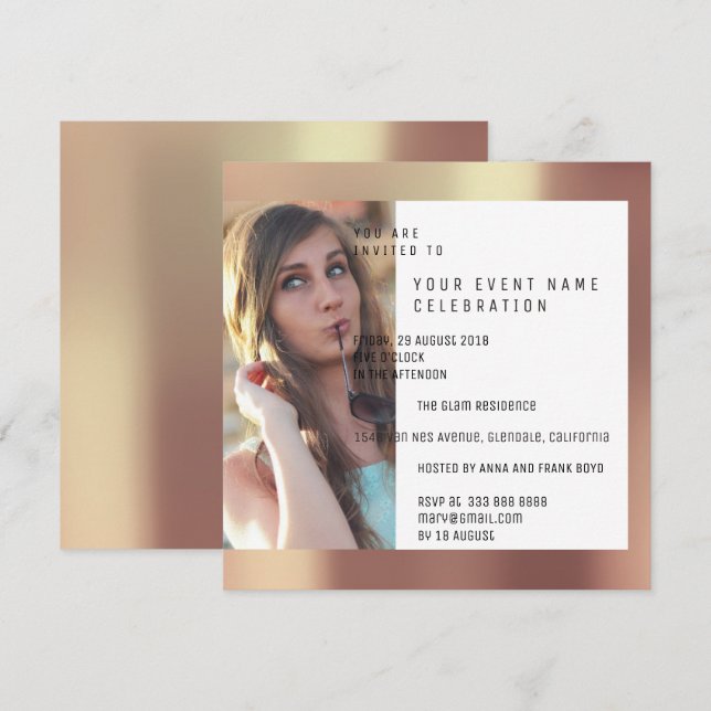 Bridal Party Foto Geometry Copper Rose Metallic Invitation (Front/Back)