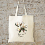 Bridal Party Gift Bags Personalized<br><div class="desc">Personalized,  floral tote bags for bridesmaids.  Pretty white magnolia flowers decorate one side.  Create a bag for all the ladies by adding their name and title (maid of honor,  flower girl,  junior bridesmaid) beneath the flowers.  Off-white cloth totes have optional handle colors and are perfect for a southern wedding.</div>