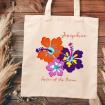 Bridal Party Gift Tote Bag Hibiscus Flowers<br><div class="desc">Bold hibiscus art tote bag gift for anyone, including members of the bridal party. Bright orange, pink and purple flowers decorate one side with a place for her name at the top and her title, or identity (sister of the groom) along the bottom. A handwritten script font is used in...</div>