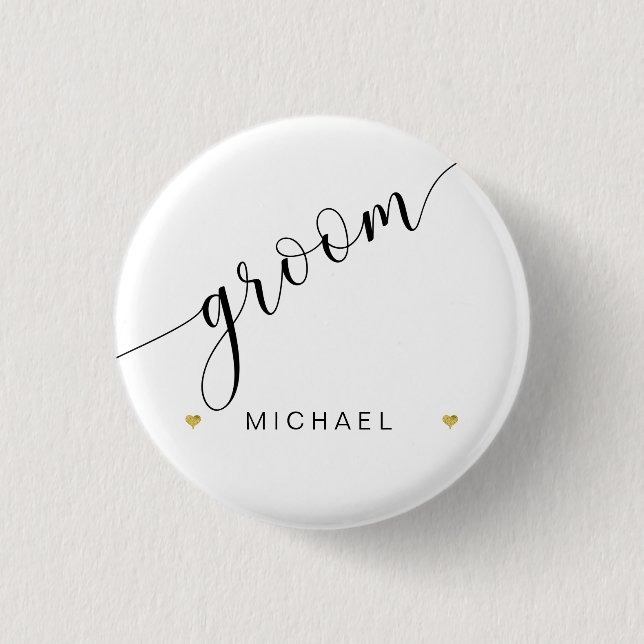 Bridal Party Groom Script Simple Modern Gold Heart Button (Front)