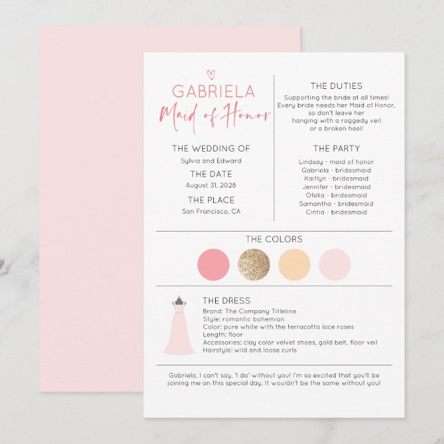 Bridal Party Maid of Honor Proposal & Information (Front/Back)