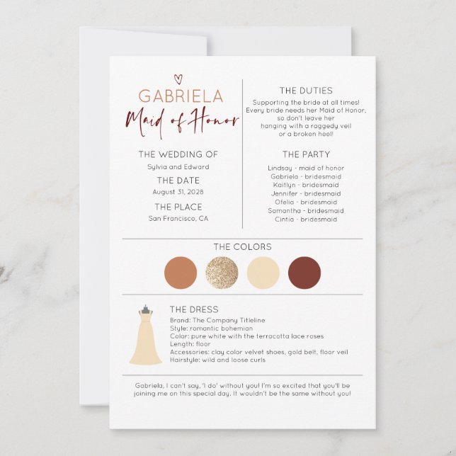 Bridal Party Maid of Honor Proposal & Information (Front)