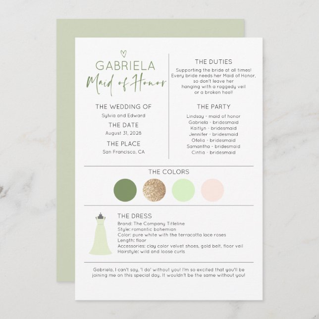Bridal Party Maid of Honor Proposal & Information (Front/Back)