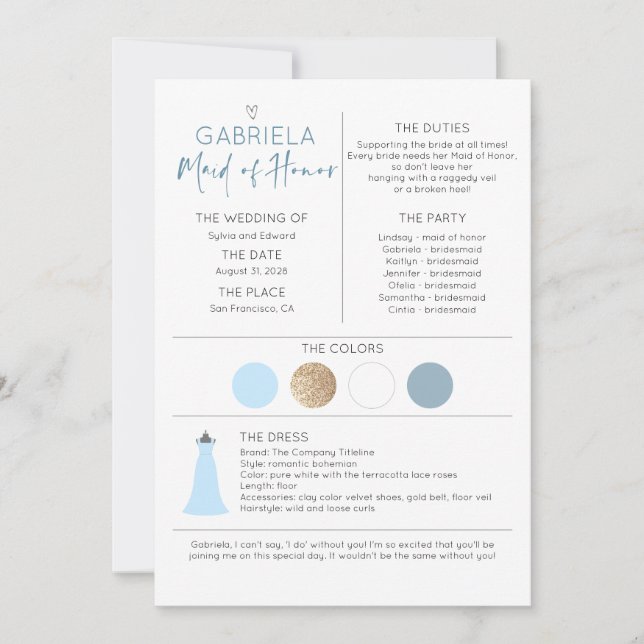 Bridal Party Maid of Honor Proposal & Information (Front)