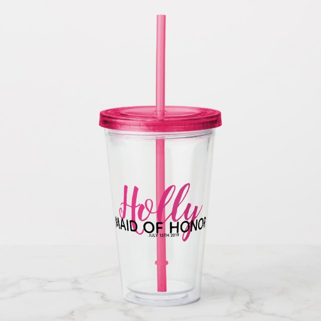 Bridal Party Name Pink Maid Of Honor Bottle Acrylic Tumbler (Front)