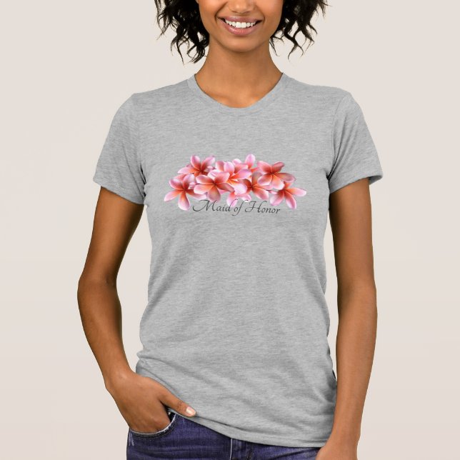 Bridal Party Pink Plumeria Hawaiian Flowers T-Shirt (Front)
