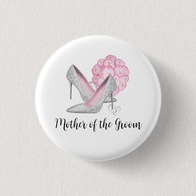 Bridal Party Silver Shoes Pink Roses Wedding  Button (Front)