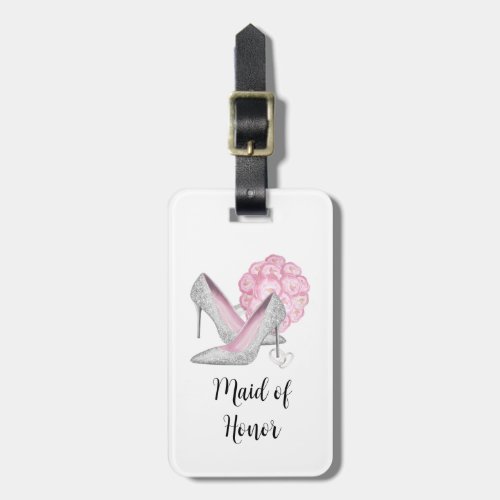 Bridal Party Silver Shoes Pink Roses Wedding Luggage Tag