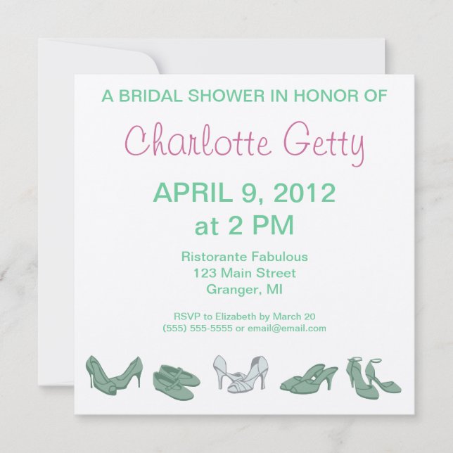 Bridal Shoes Bridal Shower Invitations Green/White (Front)