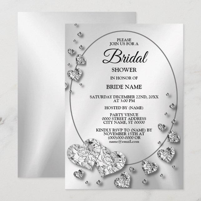 Bridal Show Party Silver Gray Shiny Hearts Elegant Invitation (Front/Back)