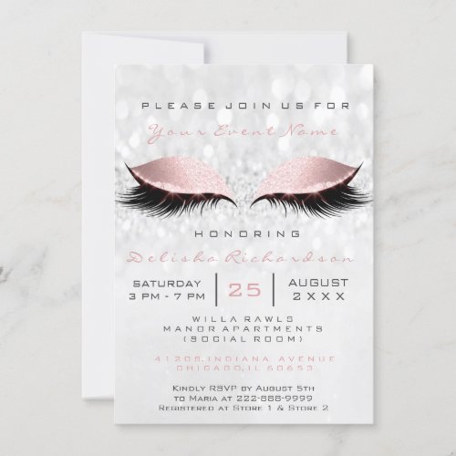 Bridal Shower 16th Eye Makeup Pink Silver Gray Invitation