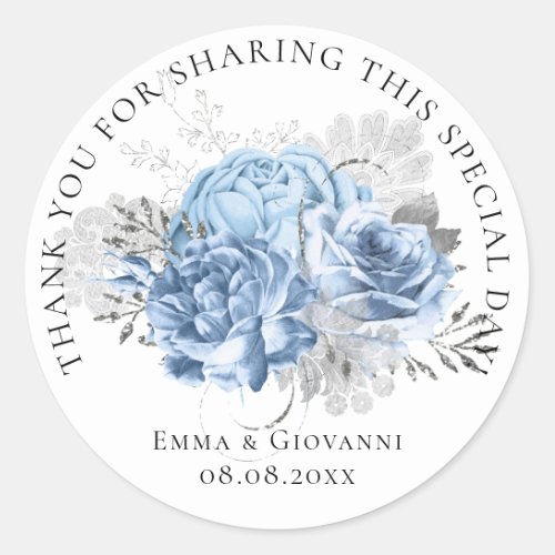 Bridal  Shower 16th Thank Floral White Blue Wreath Classic Round Sticker