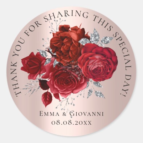 Bridal  Shower 16th Thank Red Roses Gray Flowers  Classic Round Sticker