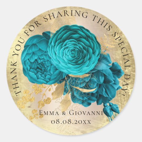 Bridal  Shower 16th Thank Teal Gold  Rose Flower Classic Round Sticker