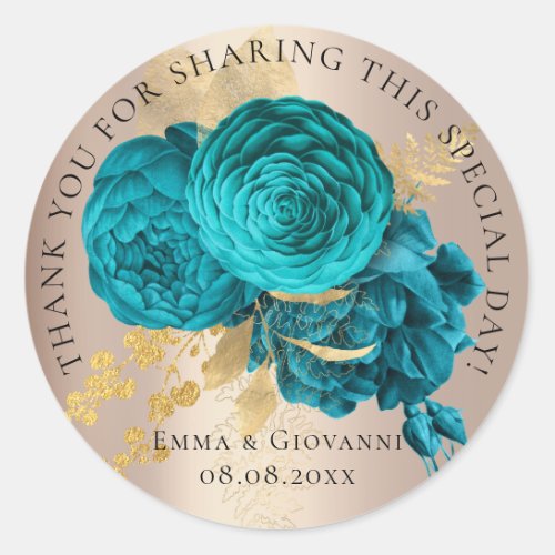 Bridal  Shower 16th Thank Teal Gold  Rose Flowers Classic Round Sticker