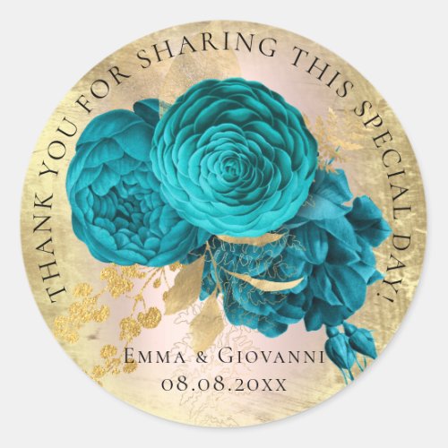 Bridal  Shower 16th Thank Teal Rose Flower  Classic Round Sticker