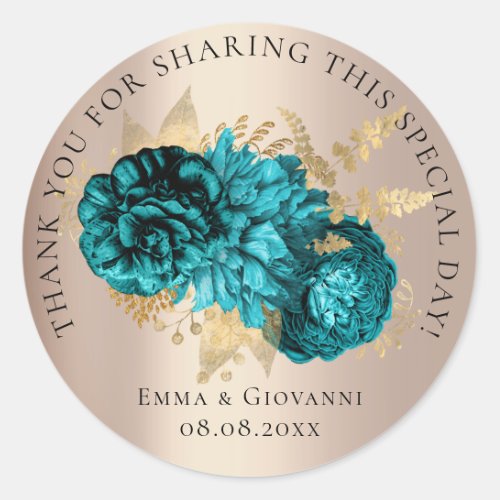 Bridal  Shower 16th Thank Teal Roses Wreath Flower Classic Round Sticker