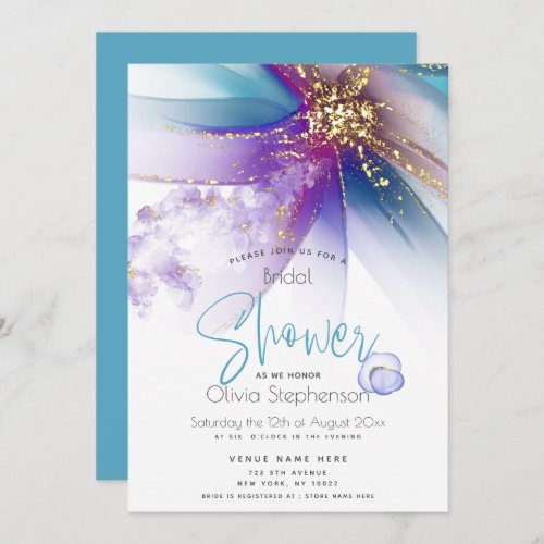 BRIDAL SHOWER  Abstract Alcohol Ink Teal Amethyst Invitation