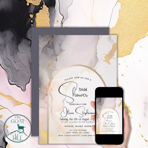 Bridal Shower  Abstract Fluid Rose Gray and Gold  Invitation