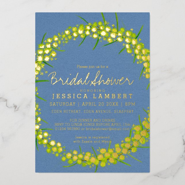 Bridal Shower Acacia yellow art flowers Foil Invitation (Front)