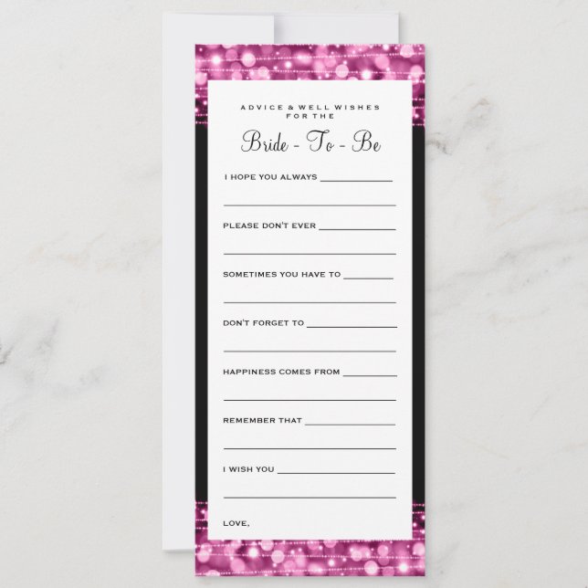 Bridal Shower Advice Cards Party Sparkles Pink (Front)