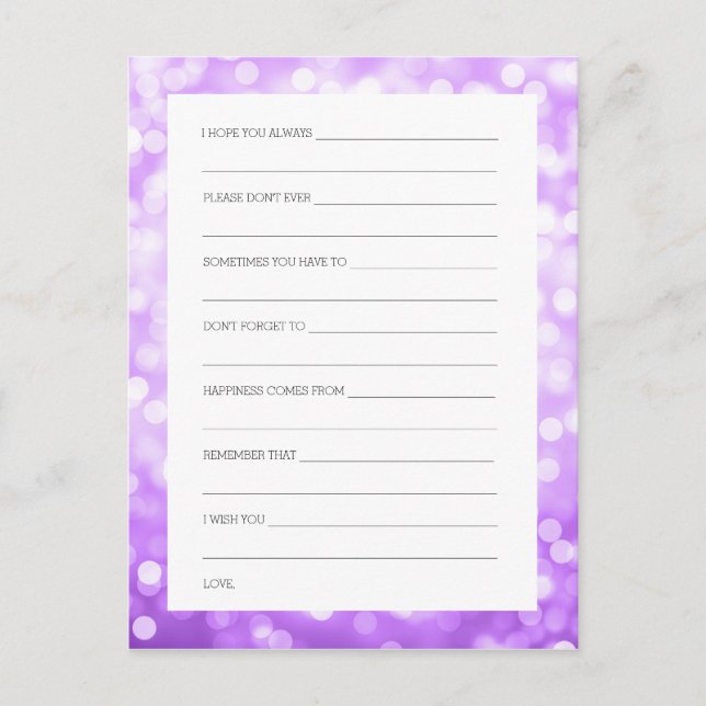 Bridal Shower Advice Cards Purple Glitter Lights (Front)
