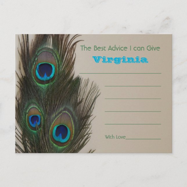 Bridal Shower Advice Post Cards - Peacock feathers (Front)
