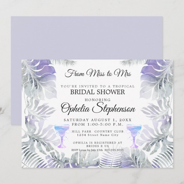 Bridal Shower Amethyst Tropical Leafy Watercolor Invitation (Front/Back)