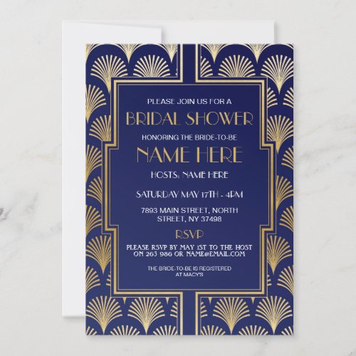 Bridal Shower Art Deco 1920s Navy and Gold Party Invitation
