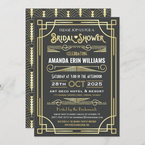 Bridal Shower Art Deco Elegant Gold Gray Retro Invitation