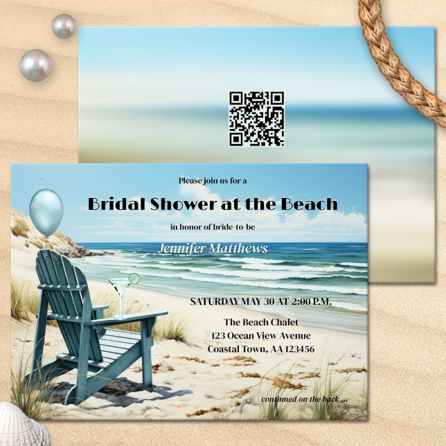 Bridal Shower at the Beach  Invitation (Beach bridal shower invitation featuring a vintage lounge chair + cocktail on a coast with dunes)