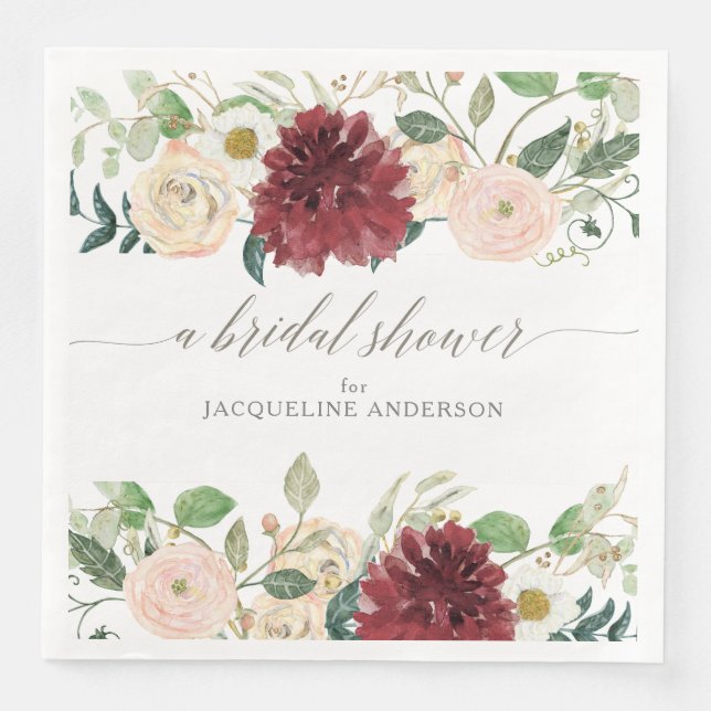 Bridal Shower Autumn Burgundy Rose Floral Foliage Paper Dinner Napkins (Front)