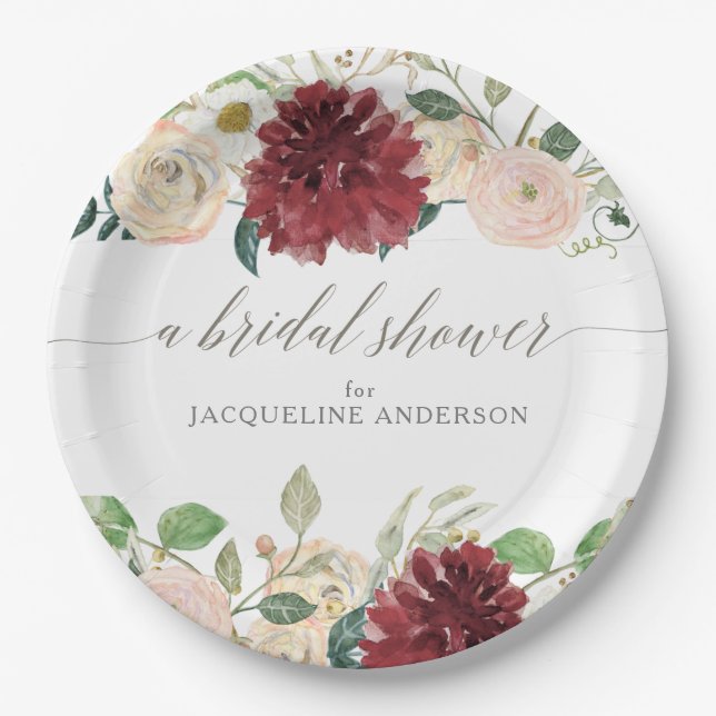 Bridal Shower Autumn Burgundy Roses Leaf Floral Paper Plates (Front)