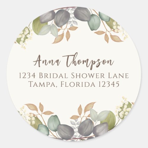 Bridal Shower Autumn Leaves Elegant Return Address Classic Round Sticker