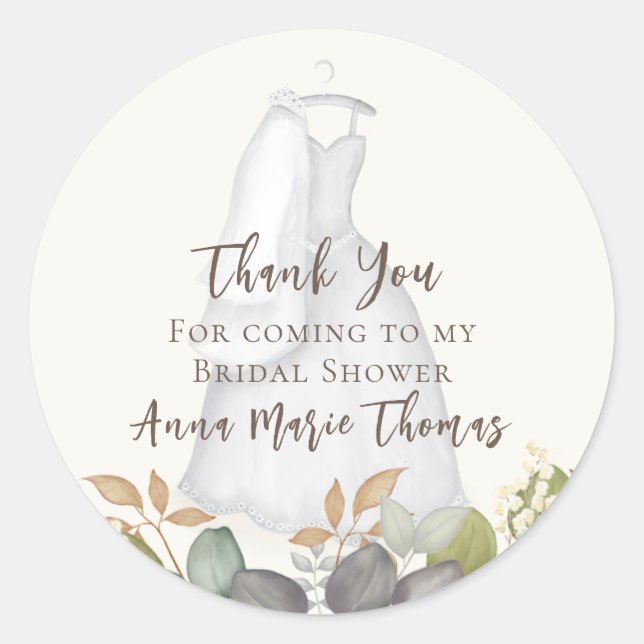 Bridal Shower Autumn Leaves Wedding Elegant Dress  Classic Round Sticker (Front)