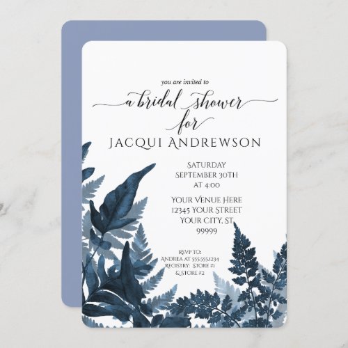Bridal Shower Azure Blue Fern Foliage Botanical Invitation