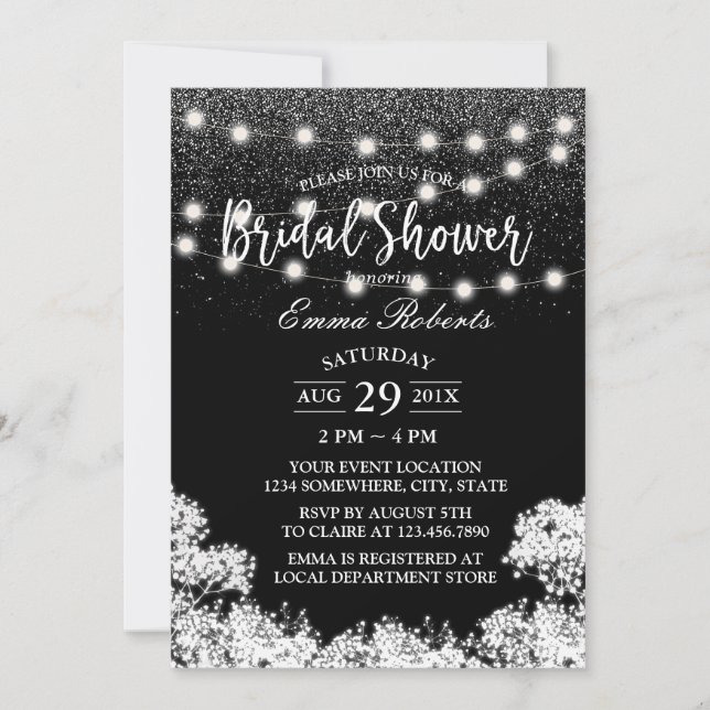 Bridal Shower Baby's Breath Modern Black Glitter Invitation (Front)