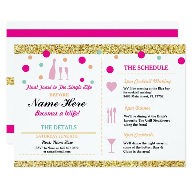 Bridal Shower Bachelorette Gold Glitter Itinerary Invitation