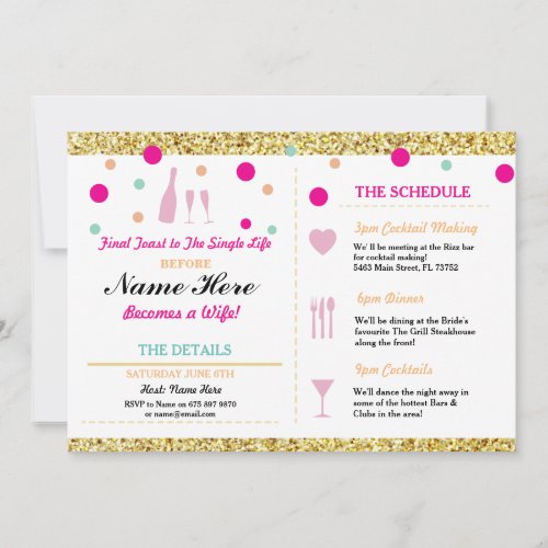 Bridal Shower Bachelorette Gold Glitter Itinerary RSVP Card