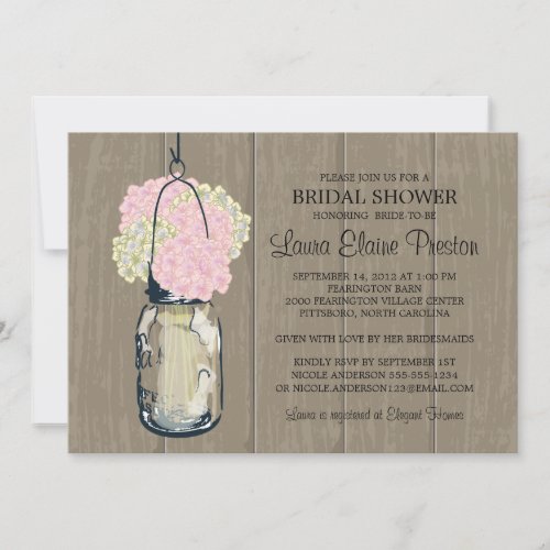 Bridal Shower Barn Wood Mason Jar Hydrangeas Custom Announcements