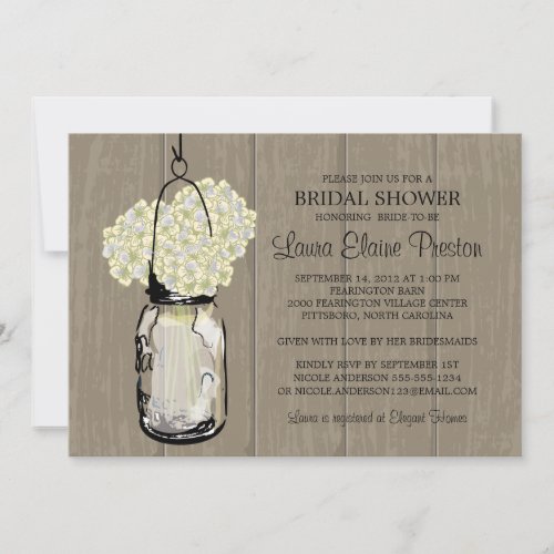 Bridal Shower Barn Wood Mason Jar Hydrangeas Personalized Invite