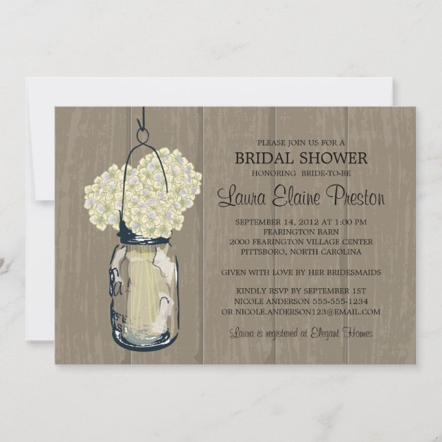 Bridal Shower Barn Wood Mason Jar Hydrangeas Invitation (Front)