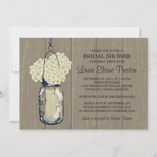 Bridal Shower Barn Wood Mason Jar Hydrangeas Personalized Invites