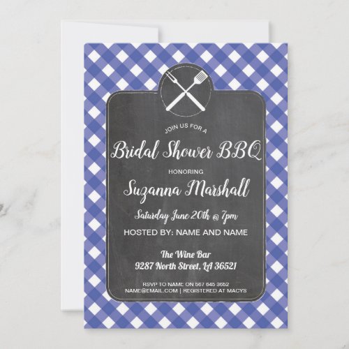 Bridal Shower BBQ Invite Blue Gingham Chalk