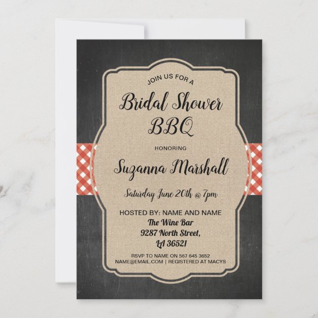 Bridal Shower BBQ Invite Red Gingham Burlap Invite (Front)