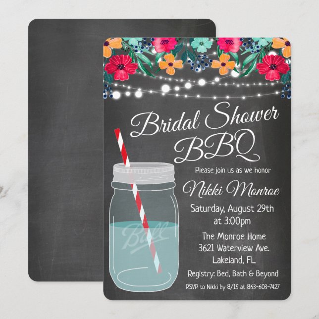 Bridal Shower BBQ Mason Jar Invitation (Front/Back)