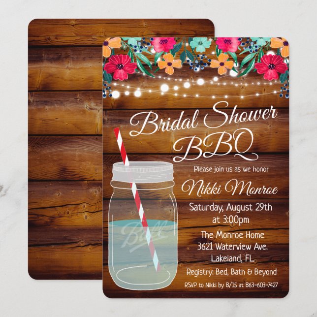 Bridal Shower BBQ Mason Jar Invitation (Front/Back)