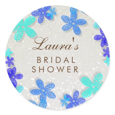 Bridal Shower Beach Blue Floral Confetti Pearl Classic Round Sticker Bridal Shower Beach Blue Floral Confetti Pearl Classic Round Sticker